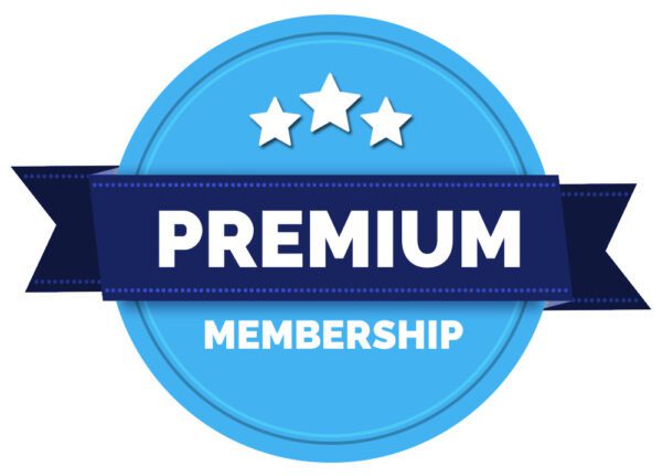 A blue badge with the word " premium " on it.